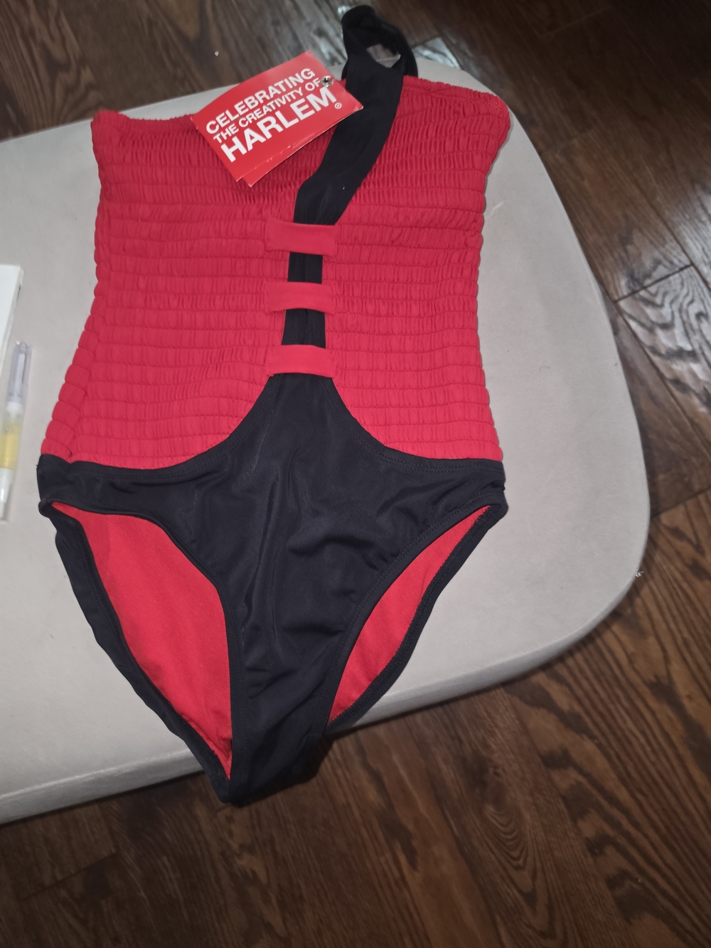 Isabel & Ruben Toledo Red and Black One-Shoulder Shirred One-Piece Swimsuit